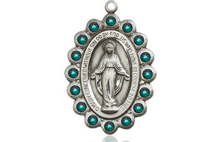 Pewter Miraculous Medal with Emerald Swarovski stones