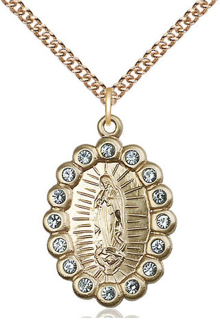 14kt Gold Our Lady of Guadalupe Medal with Aqua Swarovski stones
