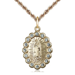 14kt Gold Our Lady of Guadalupe Medal with Aqua Swarovski stones