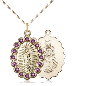 14kt Gold Our Lady of Guadalupe Medal with Amethyst Swarovski stones