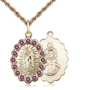 14kt Gold Our Lady of Guadalupe Medal with Amethyst Swarovski stones