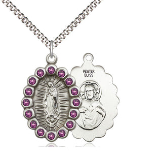 Pewter Our Lady of Guadalupe Medal with Amethyst Swarovski stones Religious Jewelry