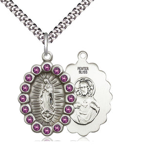Pewter Our Lady of Guadalupe Medal with Amethyst Swarovski stones Religious Jewelry