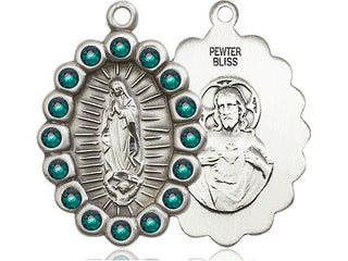 Pewter Our Lady of Guadalupe Medal with Emerald Swarovski stones