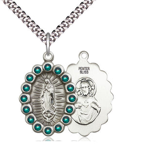 Pewter Our Lady of Guadalupe Medal with Emerald Swarovski stones Religious Jewelry