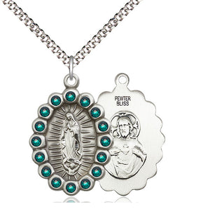 Pewter Our Lady of Guadalupe Medal with Emerald Swarovski stones Religious Jewelry