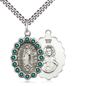 Pewter Our Lady of Guadalupe Medal with Emerald Swarovski stones Religious Jewelry