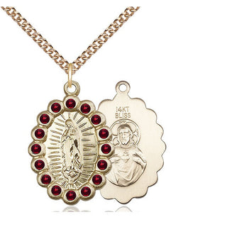 14kt Gold Our Lady of Guadalupe Medal with Garnet Swarovski stones