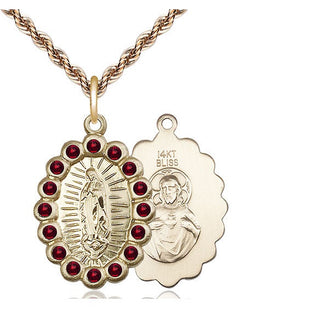 14kt Gold Our Lady of Guadalupe Medal with Garnet Swarovski stones
