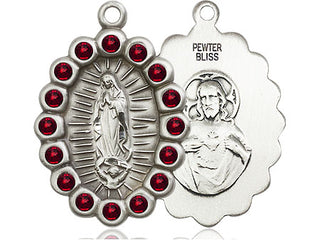 Pewter Our Lady of Guadalupe Medal with Garnet Swarovski stones