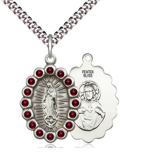 Pewter Our Lady of Guadalupe Medal with Garnet Swarovski stones Religious Jewelry