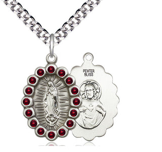 Pewter Our Lady of Guadalupe Medal with Garnet Swarovski stones Religious Jewelry