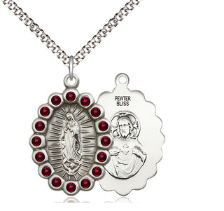 Pewter Our Lady of Guadalupe Medal with Garnet Swarovski stones Religious Jewelry