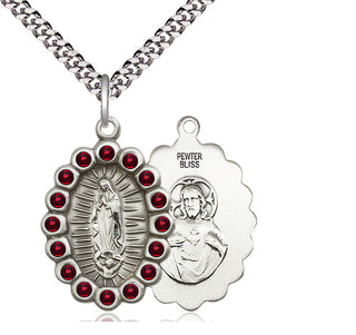 Pewter Our Lady of Guadalupe Medal with Garnet Swarovski stones Religious Jewelry