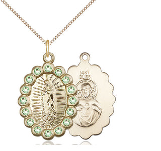 14kt Gold Our Lady of Guadalupe Medal with Peridot Swarovski stones