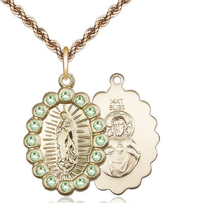 14kt Gold Our Lady of Guadalupe Medal with Peridot Swarovski stones