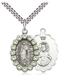 Pewter Our Lady of Guadalupe Medal with Peridot Swarovski stones Religious Jewelry