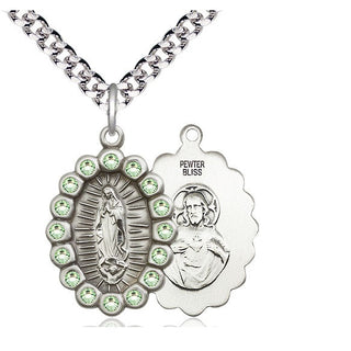 Pewter Our Lady of Guadalupe Medal with Peridot Swarovski stones Religious Jewelry