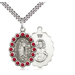 Pewter Our Lady of Guadalupe Medal with Ruby Swarovski stones Religious Jewelry