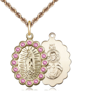 14kt Gold Our Lady of Guadalupe Medal with Rose Swarovski stones