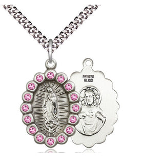 Pewter Our Lady of Guadalupe Medal with Rose Swarovski stones Religious Jewelry