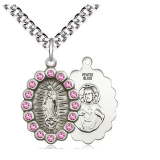 Pewter Our Lady of Guadalupe Medal with Rose Swarovski stones Religious Jewelry