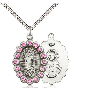 Pewter Our Lady of Guadalupe Medal with Rose Swarovski stones Religious Jewelry