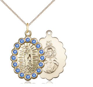 14kt Gold Our Lady of Guadalupe Medal with Sapphire Swarovski stones