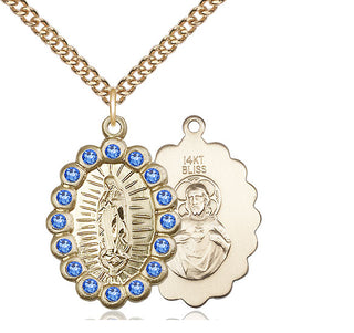 14kt Gold Our Lady of Guadalupe Medal with Sapphire Swarovski stones