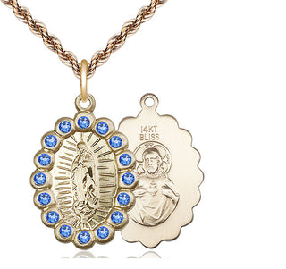 14kt Gold Our Lady of Guadalupe Medal with Sapphire Swarovski stones