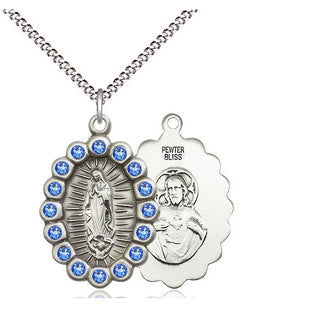 Pewter Our Lady of Guadalupe Medal with Sapphire Swarovski stones Religious Jewelry