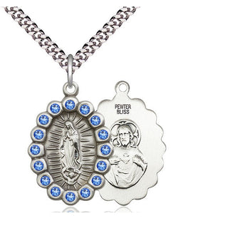Pewter Our Lady of Guadalupe Medal with Sapphire Swarovski stones Religious Jewelry