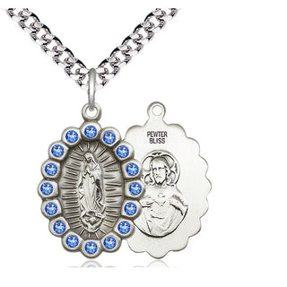 Pewter Our Lady of Guadalupe Medal with Sapphire Swarovski stones Religious Jewelry