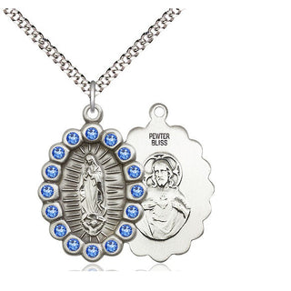 Pewter Our Lady of Guadalupe Medal with Sapphire Swarovski stones Religious Jewelry