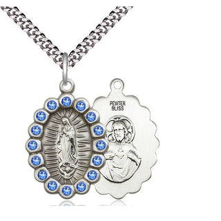 Pewter Our Lady of Guadalupe Medal with Sapphire Swarovski stones Religious Jewelry