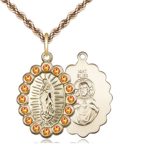14kt Gold Our Lady of Guadalupe Medal with Topaz Swarovski stones