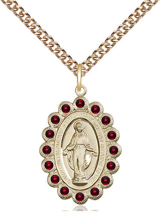 14kt Gold Miraculous Medal with Garnet Swarovski stones