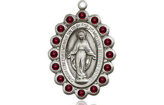 Pewter Miraculous Medal with Garnet Swarovski stones