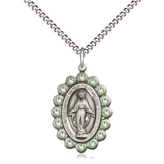 Pewter Miraculous Medal with Peridot Swarovski stones Religious Jewelry