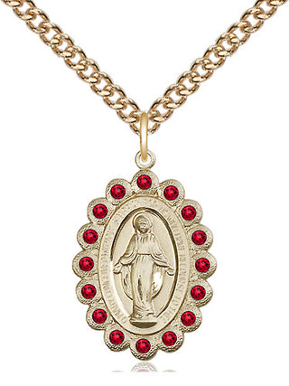 14kt Gold Miraculous Medal with Ruby Swarovski stones