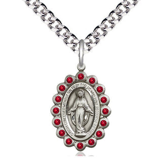 Pewter Miraculous Medal with Ruby Swarovski stones Religious Jewelry