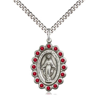 Pewter Miraculous Medal with Ruby Swarovski stones Religious Jewelry