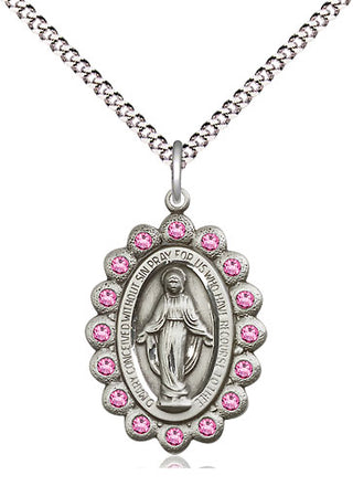 Pewter Miraculous Medal with Rose Swarovski stones Religious Jewelry