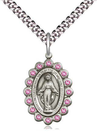 Pewter Miraculous Medal with Rose Swarovski stones Religious Jewelry