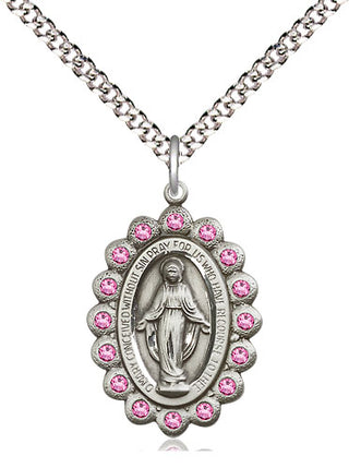 Pewter Miraculous Medal with Rose Swarovski stones Religious Jewelry