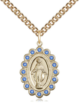 14kt Gold Miraculous Medal with Sapphire Swarovski stones