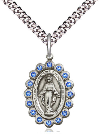 Pewter Miraculous Medal with Sapphire Swarovski stones Religious Jewelry