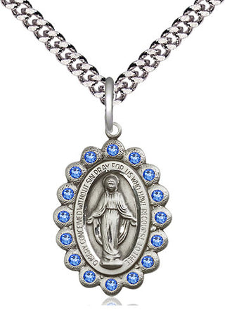 Pewter Miraculous Medal with Sapphire Swarovski stones Religious Jewelry