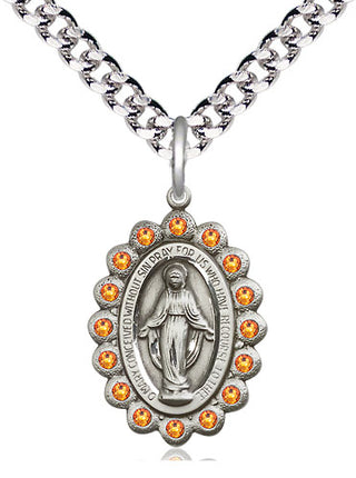 Pewter Miraculous Medal with Topaz Swarovski stones Religious Jewelry