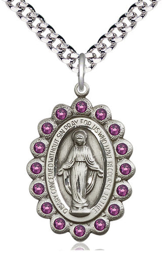 Pewter Miraculous Medal with Amethyst Swarovski stones Catholic Jewelry